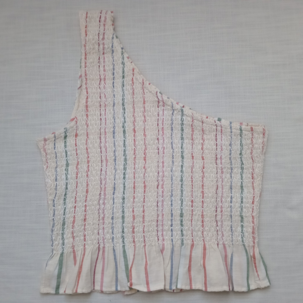 American Eagle Women's Striped One-Shoulder Top Colorful Smocked Ruffles Size L